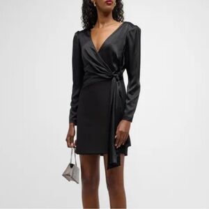 CINQ À SEPT Layne Long Sleeve Faux Wrap Mini Dress In Black